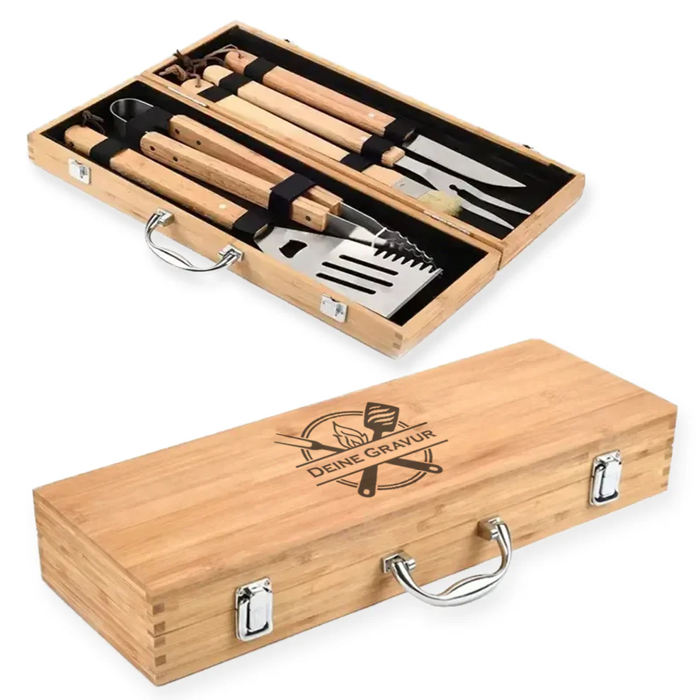 Personalisiertes Grillbesteck • Graviertes Grillset • 5-teilig im Geschenkkoffer aus Echtholz